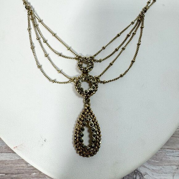 Monet Victorian Revival Festooned Marcasite Drop Bib Necklace Gold Tone 16-18” - Picture 9 of 13
